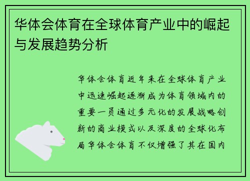 华体会体育在全球体育产业中的崛起与发展趋势分析